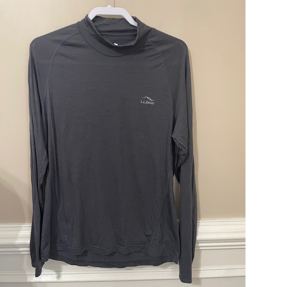 LL Bean Wool 150 Lightweight Mock Neck Base Layer Top Grey Mens Size L Hole